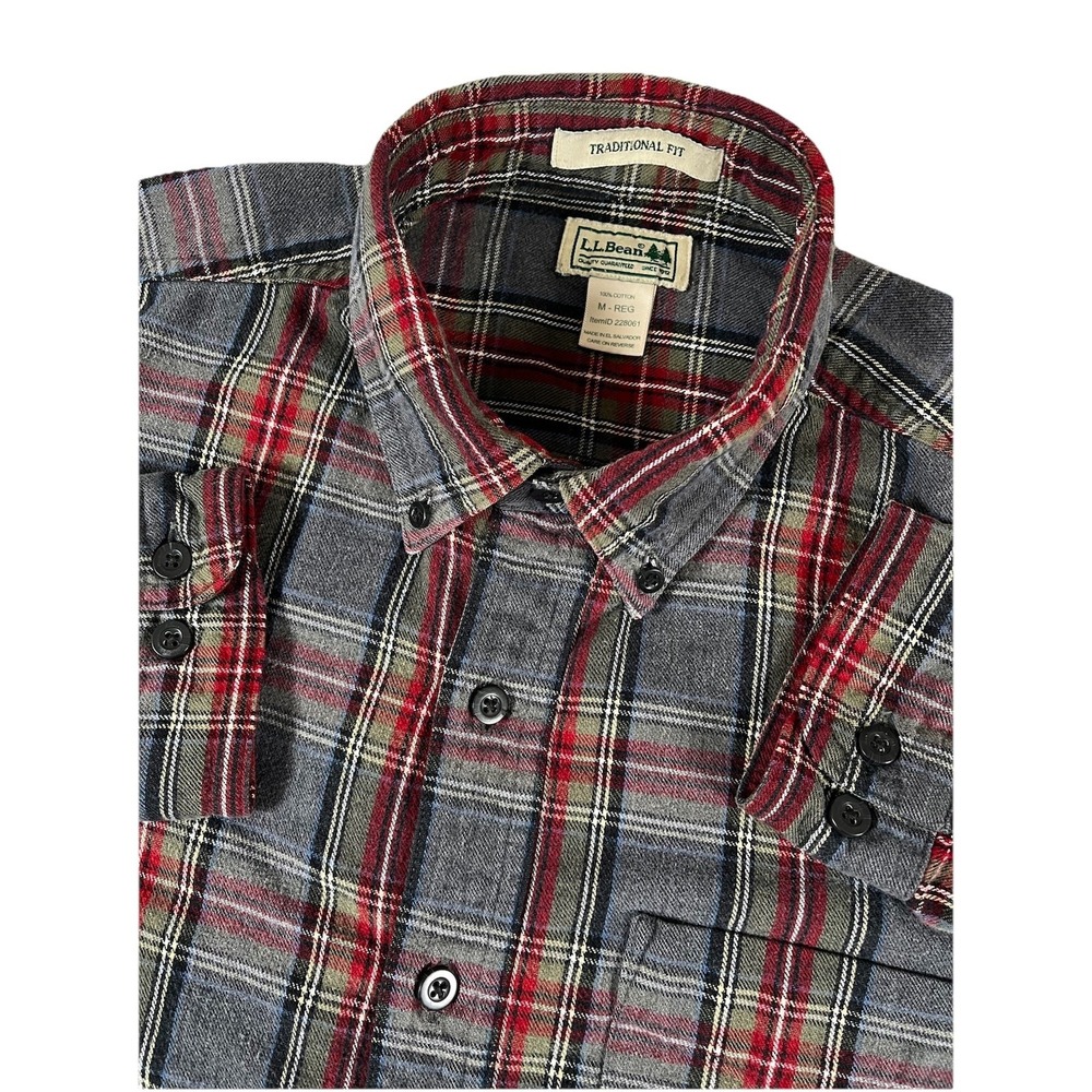 LL Bean 228061 Traditional Fit Flannel Shirt Gray Red Scotch Plaid Men's Sz Med